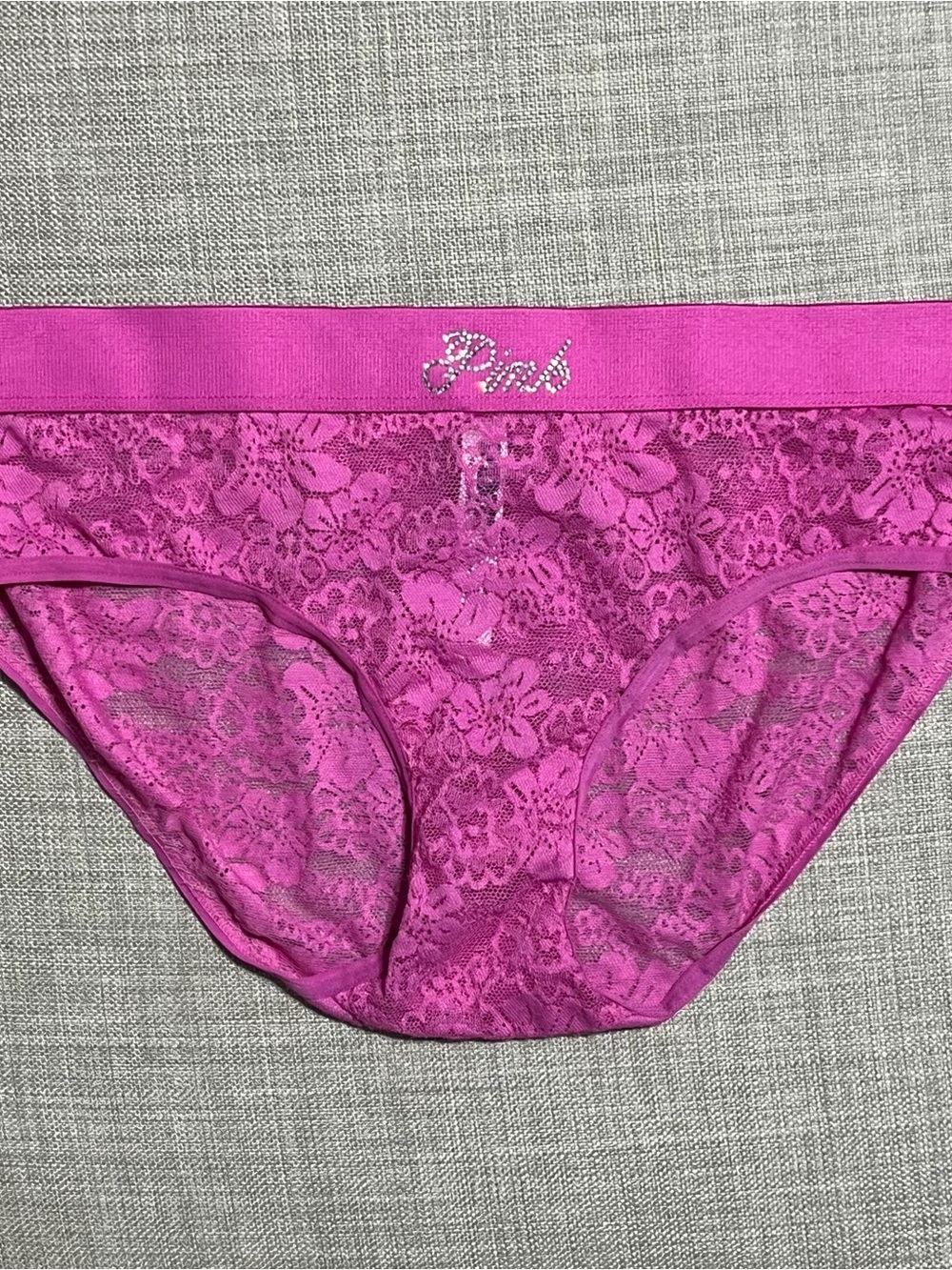 PINK Lace Bikini Panty - Hot Pink with Rhinestone Logo - NWOT - size small